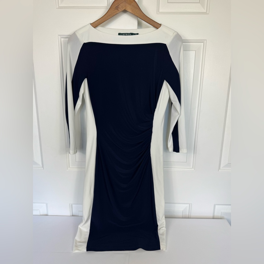 Lauren Ralph Lauren White Navy Gathered Pencil Dress‎ Formal Business Sz 6